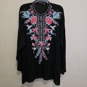 Johnny Was Embroidered Tunic Top Cupra Rayon Floral Hummingbird Feathers L